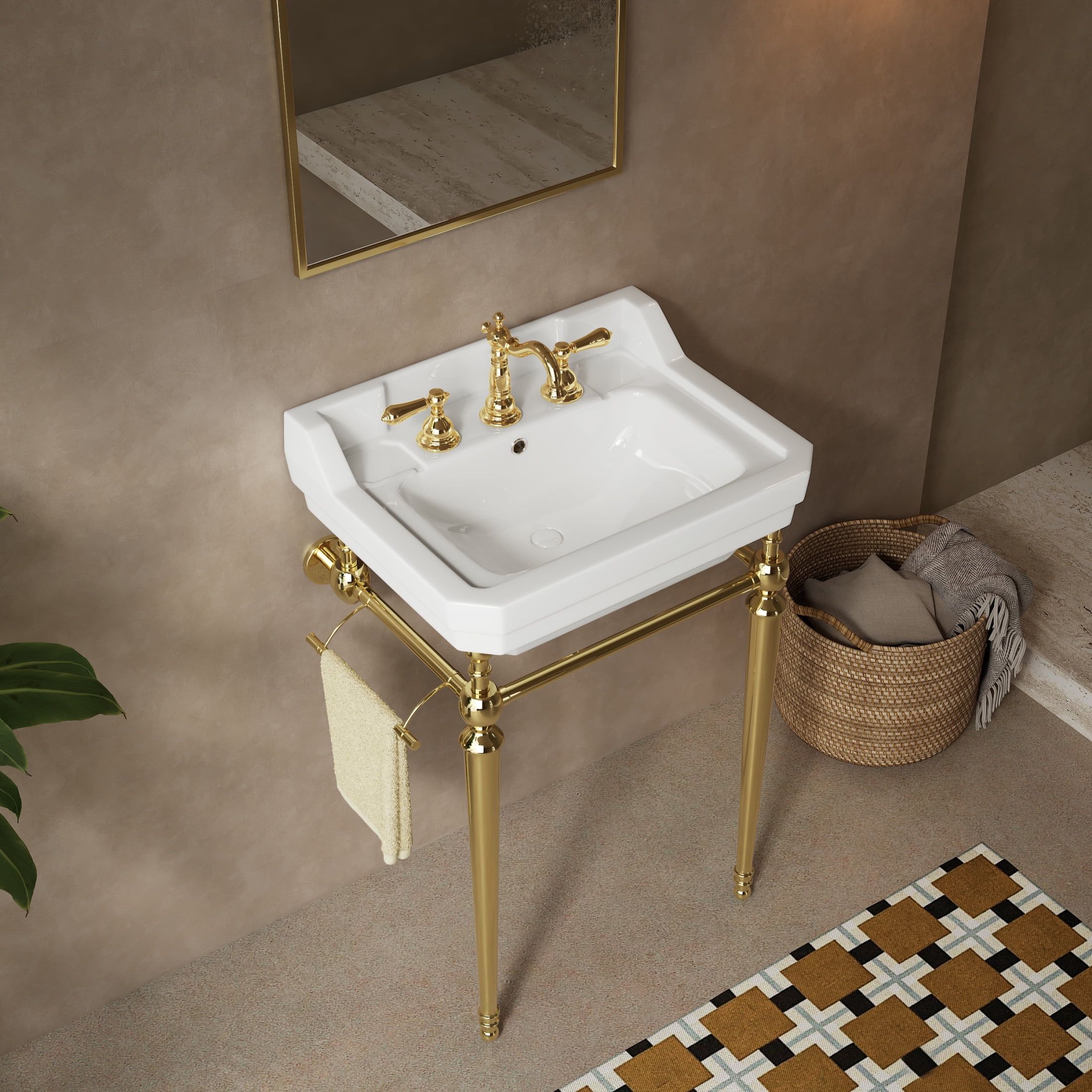 Noble House VICI 23" Bathroom Console Sink, Wall-Mounted Ceramic Basin Vanity with Stainless Steel Legs, White & Gold