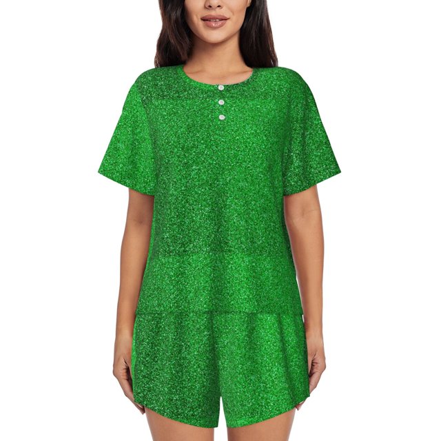 Balery Green Sparkling Shiny Conjunto de Pijama para Mujer con Estampado, Dos Piezas de Manga Corta y Shorts, Ropa de Dormir Suave con Cuello Redondo y Bolsillos-Medium