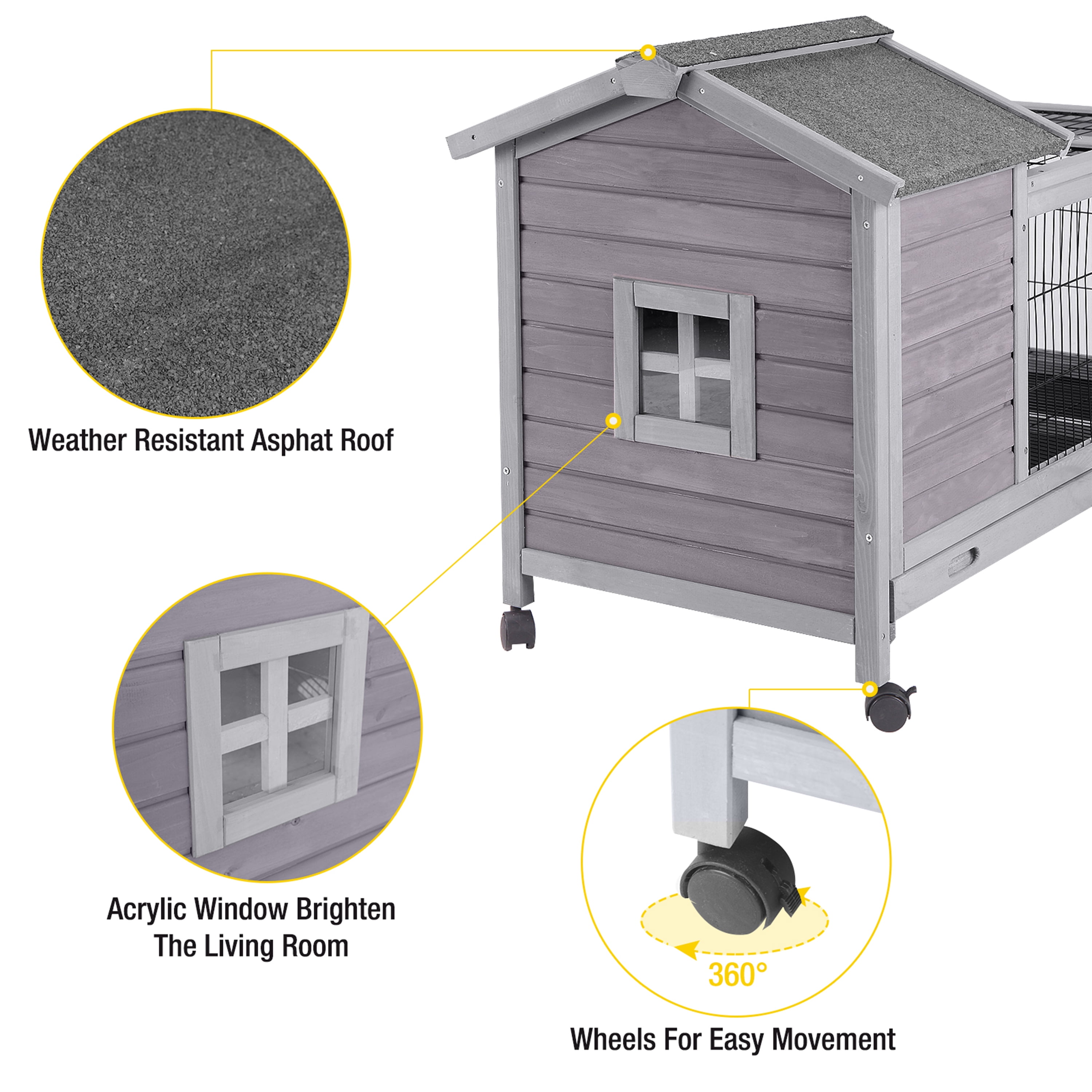 Aivituvin Rabbit Hutch Indoor and Outdoor, Rabbit Cage with Removable Wire Netting and Leak Proof Tray, Mobile Bunny Cage with Wheels