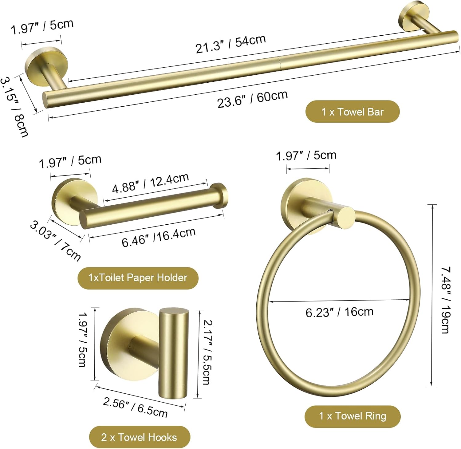 Brushed Gold 5 Piece Bathroom Hardware Set, SUS304 Stainless Steel 24 Inch Bath Towel Bar Set, Round Bathroom Accessories Kit Wall Mounted
