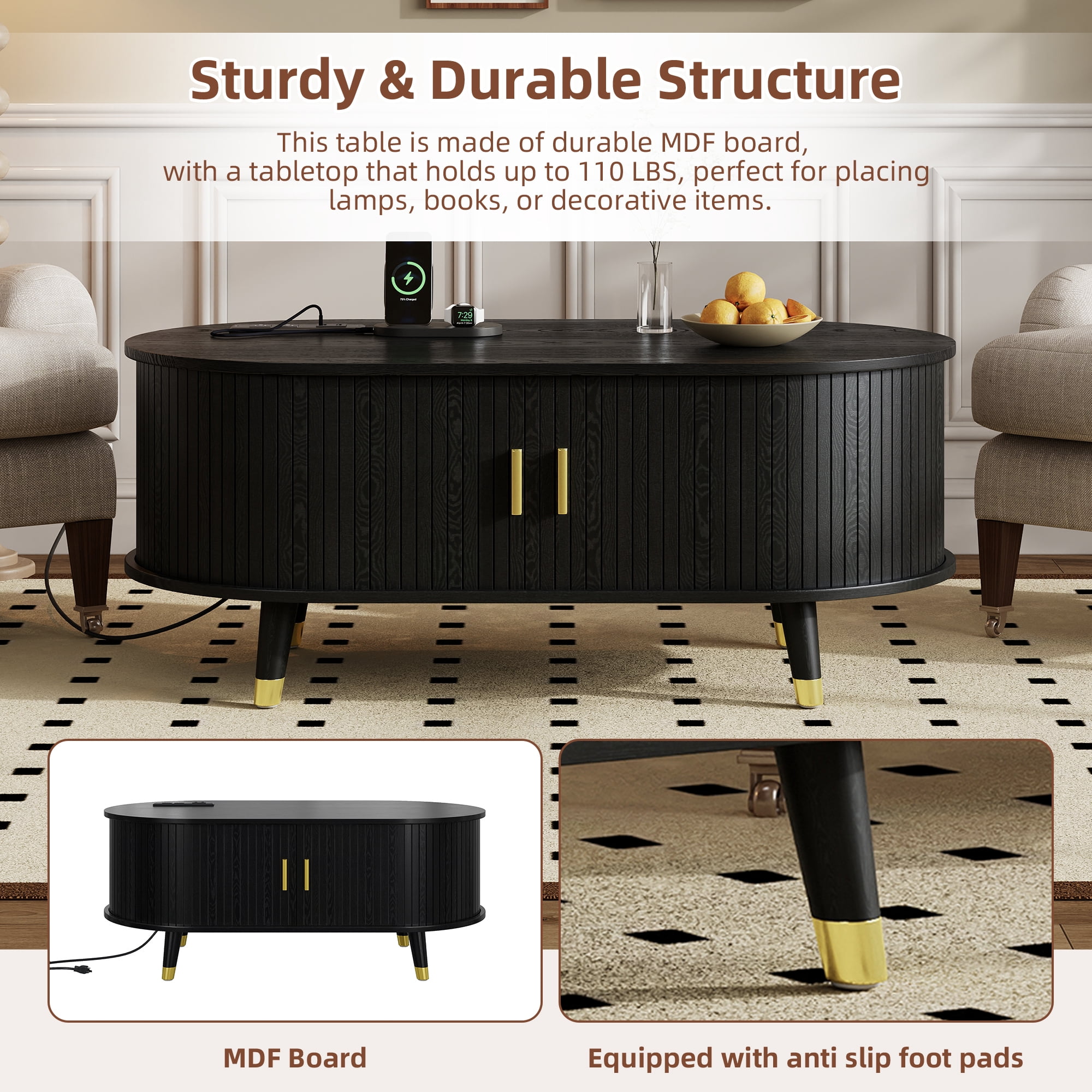 Euroco Mid-Century Modern Round Coffee Table with Fluted Sliding Doors, Charging Station, and Storage，Black