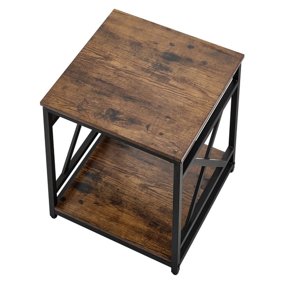 KFFKFF 2-Tier Square Side Table with Open Shelves, Modern Nightstand with X-Design Metal Frame, Wooden Coffee Table for Living Room, Bedroom, Office, Dorm, Brown
