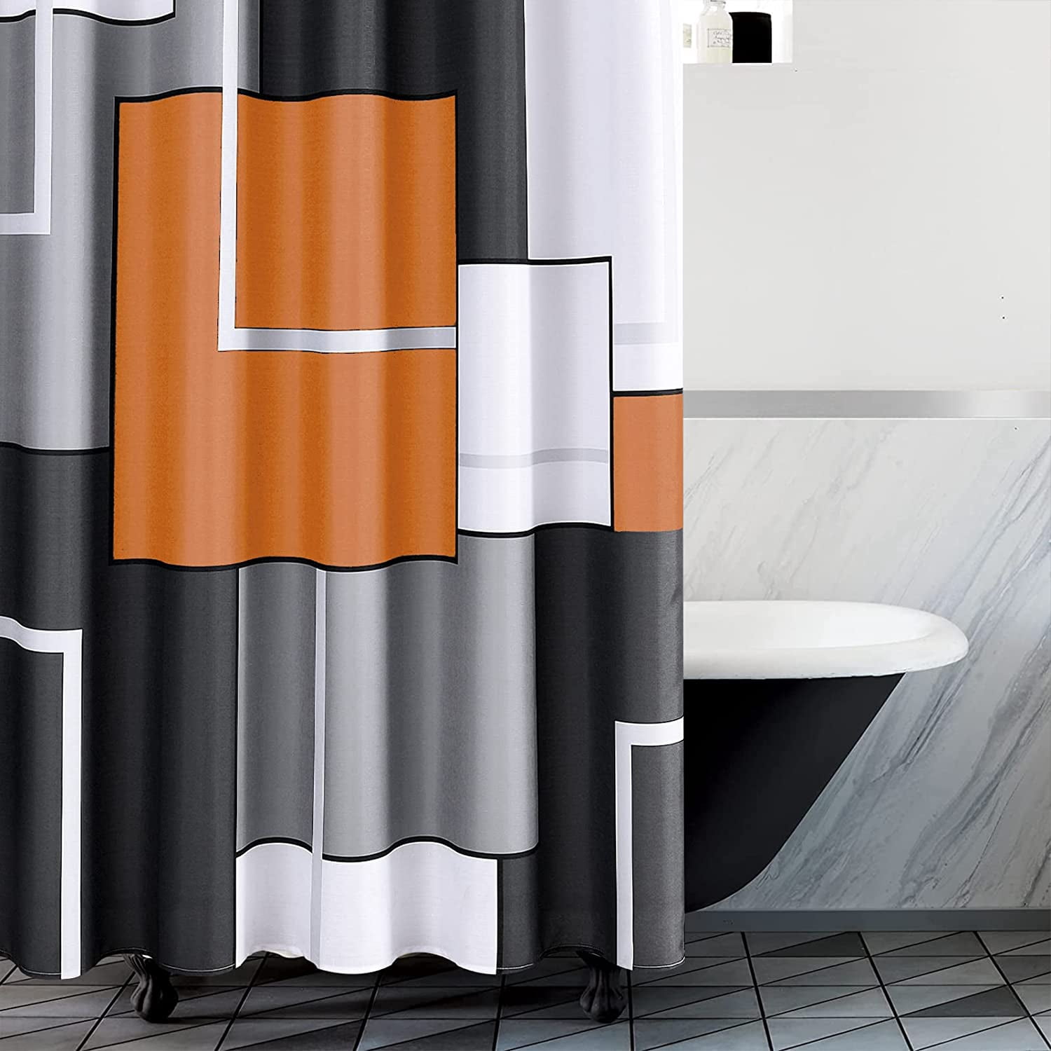 Orange Shower Curtain Set with Hooks Grey and White Shower Curtain for Bathroom Fabric Orange Autumn Shower Curtain Geometric Bath Curtains Decorative Gray Shower Curtain Water Repellent, 72x72