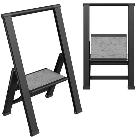Sorfey 1-Step Step Ladder Slim, Anti-Slip Foldable Ladder Step Stool, Gray Wood & Black