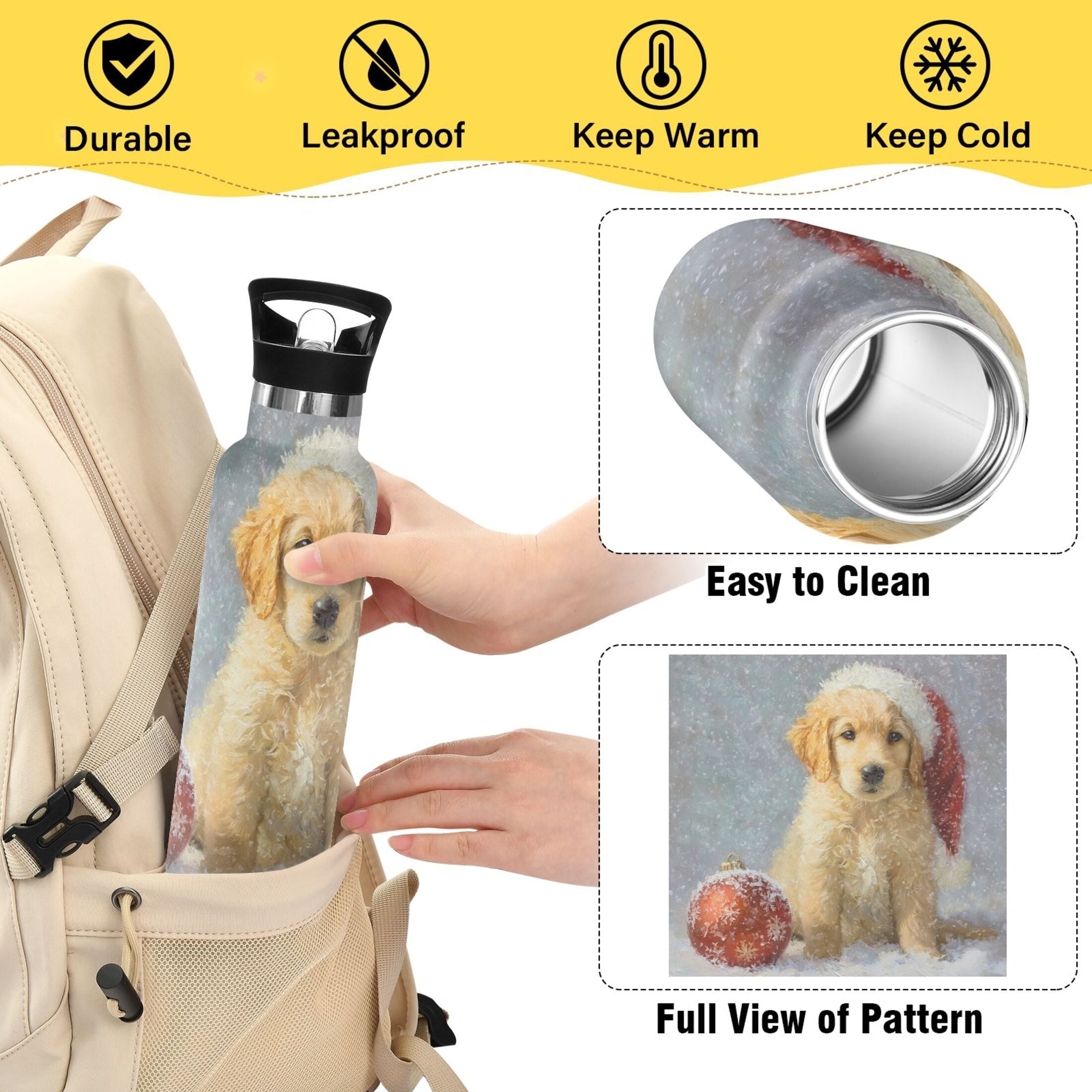 600ML Stainless Steel Insulated Cup Sports Water Bottle Portable Thermos Cup Water Glasses Insulated Tumblers Convenient and Durable Cartoon Christmas Orange Dog