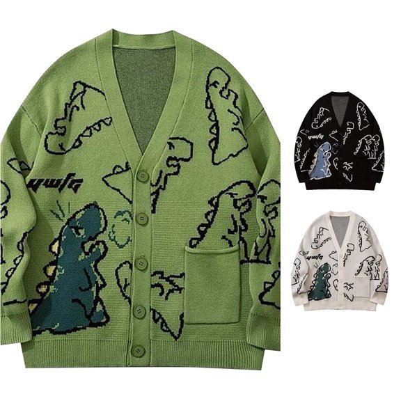 SUXIAN Cardigan for Women Dinosaur Print Knit Sweater Oversized Streetwear Long Sleeve Open Front Cardigan Sweater