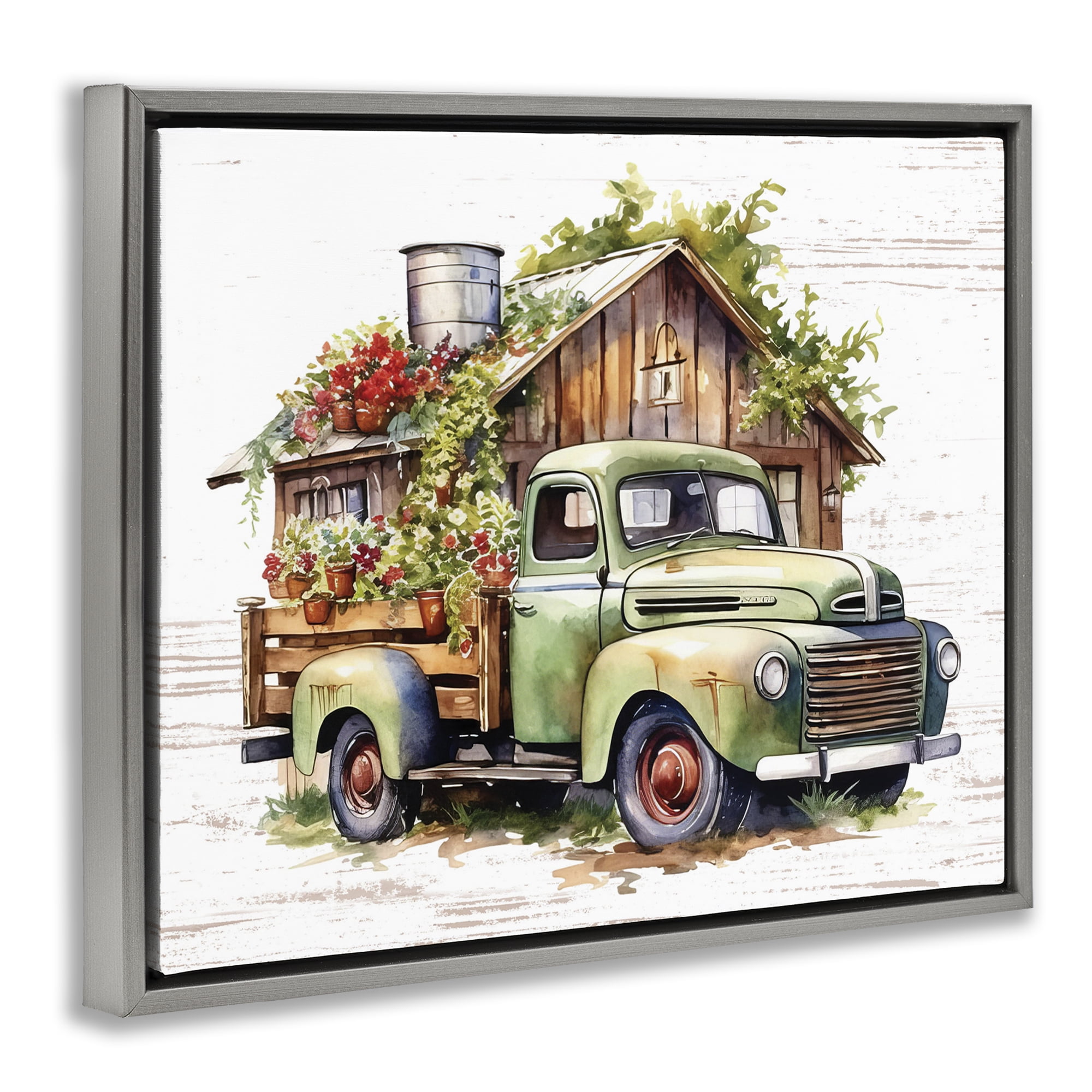 Stupell Industries Rustic Pickup with Greenery Transportation Painting Gray Floater Framed Canvas Art Print Wall Art, 31 x 25