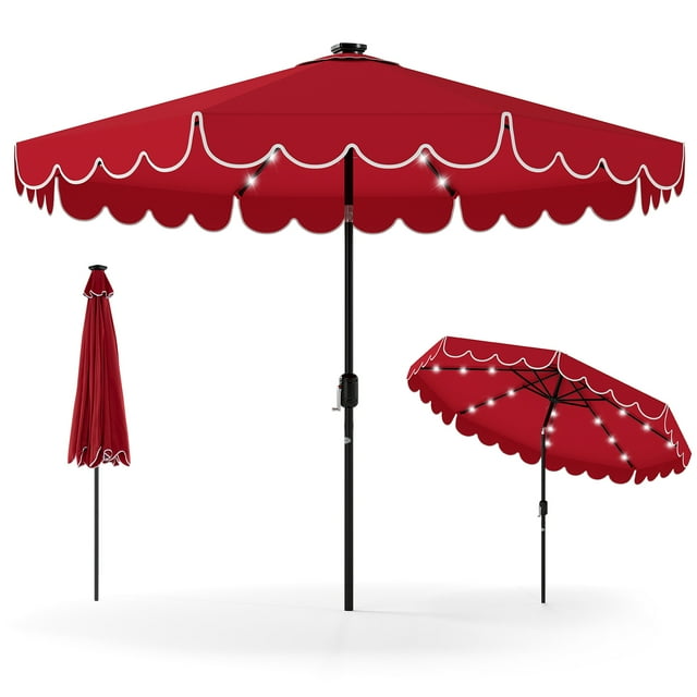 Gymax 9.3 FT Solar Patio Umbrella w/ 32 LED Lights & Vented Top & Ruffles Beige Red