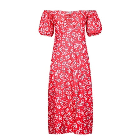 

Sexy Fall Dresses for Women 2022 Corset Dress for Women Women s Short Sleeve One Shoulder Slit Middle Calf Floral Printing Dress Dresses for Women 2022 Red L