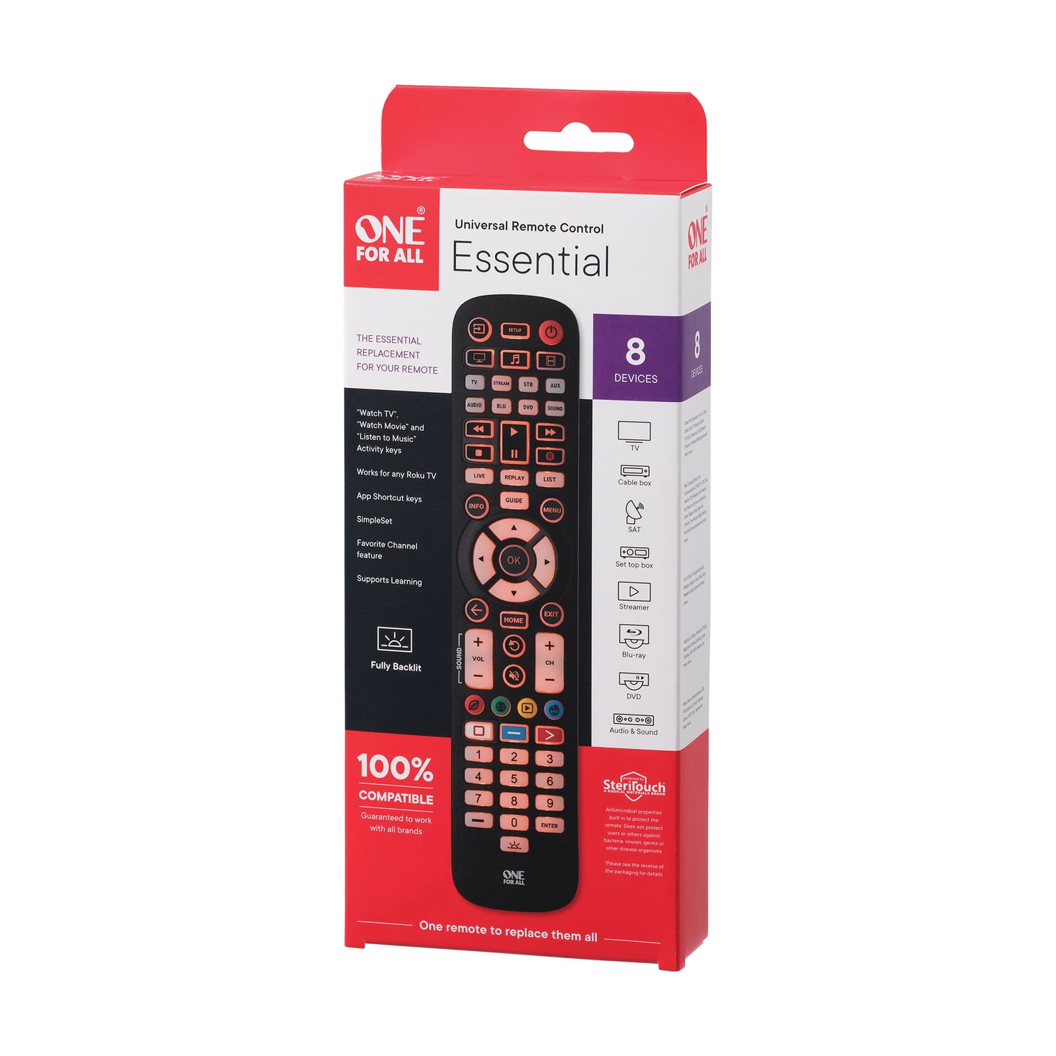 One For All URC3680 Essential 8-Device Antimicrobial Backlit Universal Remote