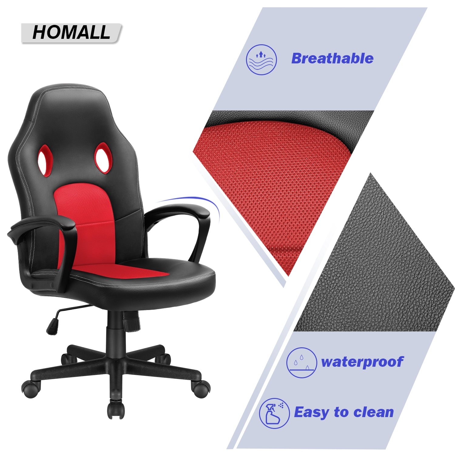 Homall Gaming Chair Leather Office Chair High Back Ergonomic Adjustable Swivel Executive Computer Chair Rolling Task,Red