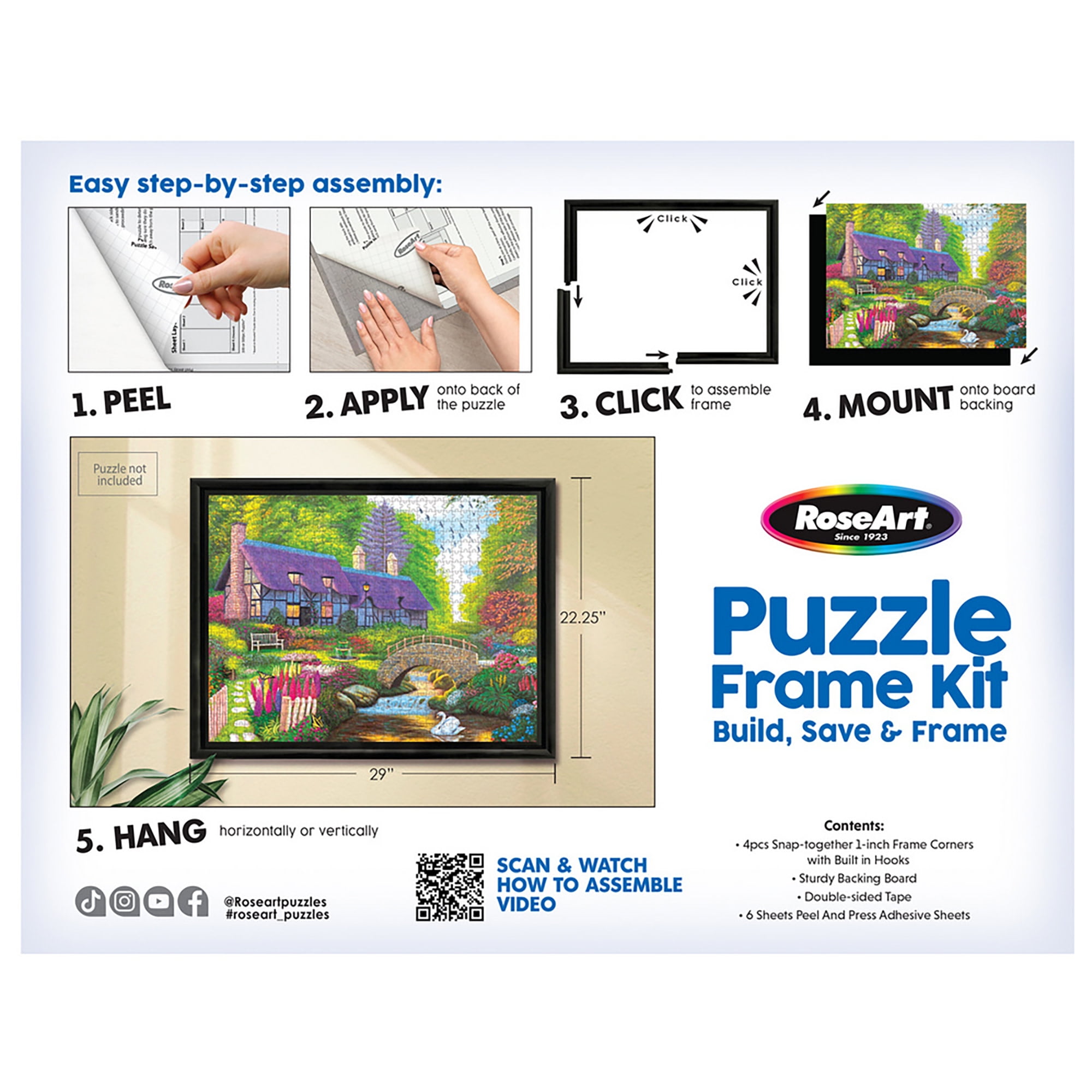RoseArt: Puzzle Frame Kit - Ideal For 1000pc 27x20" Jigsaws, 4pc Snap-Together Black Frame, 6 Puzzle Saver Sheets, Build-Save-Frame, Display-Preserve