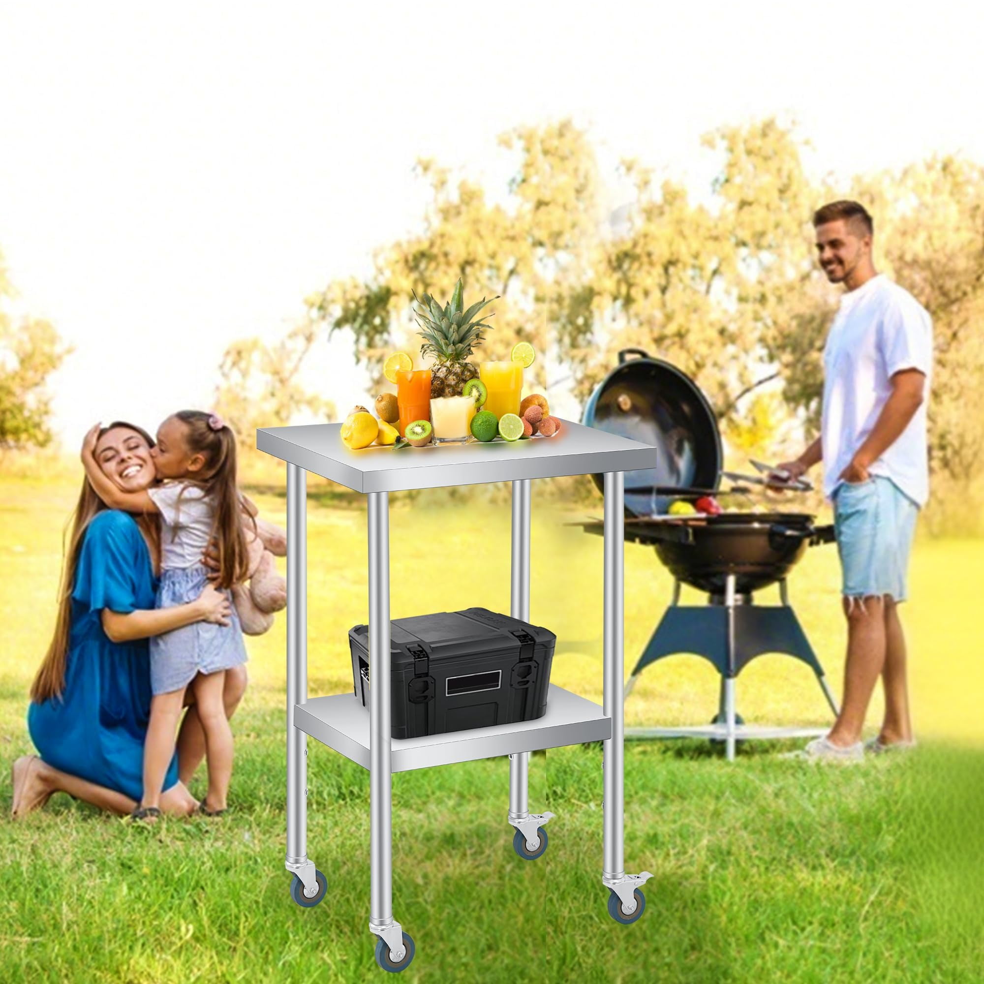 Stainless Steel Prep Table, 24 x 24 Inches, with Adjustable Undershelf and 4 Caster Wheels, Commercial Heavy Duty Table with Adjustable Under Shelf for Outdoor Use,Restaurants,Hotels,Works