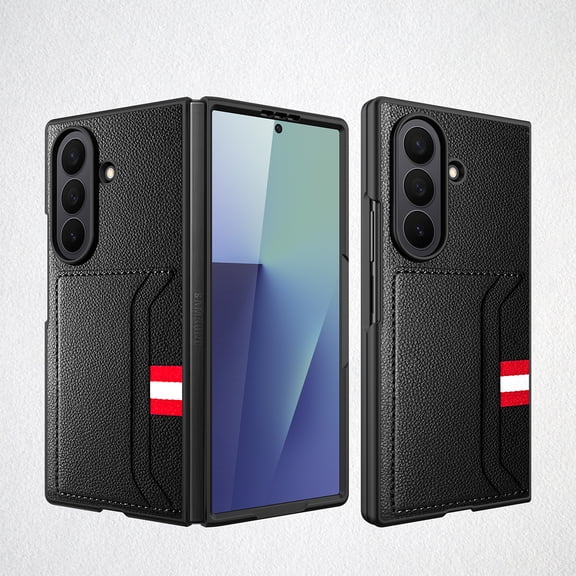 Phone Flip Case for Samsung Galaxy Z Fold 7 Case with Card Slot, Built-in Tempered Glass Screen Protector Premium PU Leather Slim Case Hard PC Bumper Protective Case, Black