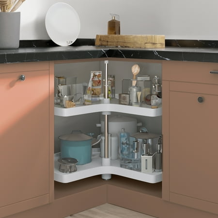Dextrus 32-Inch Kidney Shaped 2-Shelf Lazy Susan Corner Kitchen Cabinet Storage Organizer with Telescoping Mount, White