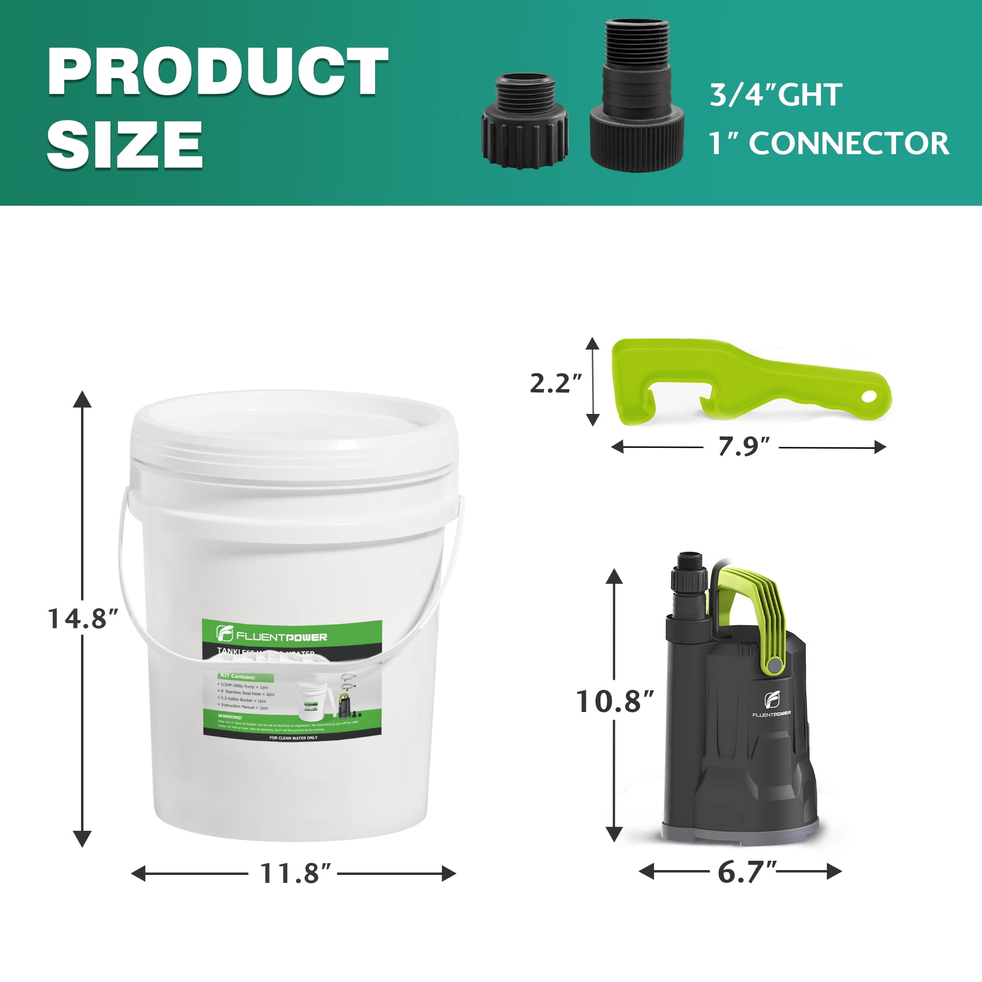 FLUENTPOWER Tankless Water Heater Descaling Flush Kit, Includes 1/2HP Submersible Utility Water Pump with Adapters, 5.3 Gallon Pail with Bucket Lid Opener, Two 3/4"GHT x 6' Stainless Steel Hoses