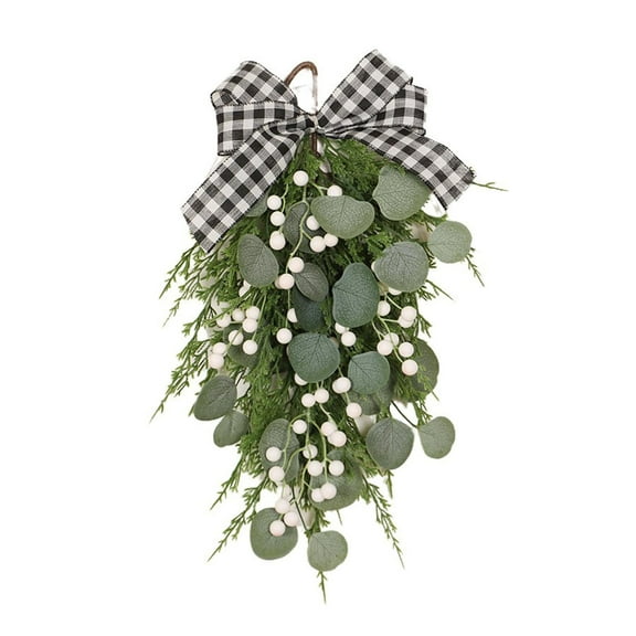 Trianu Eucalyptus Swag with Bow, 19.7inch Wall Hanging Greenery Teardrop Wreath, Artificial Green Leaves Wreaths Decorative for Front Door Farmhouse Christmas Decor