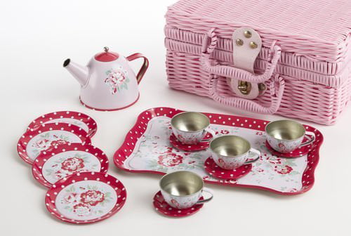 Delton Products Tin 20pc Tea Set in Basket Polka,Purple 