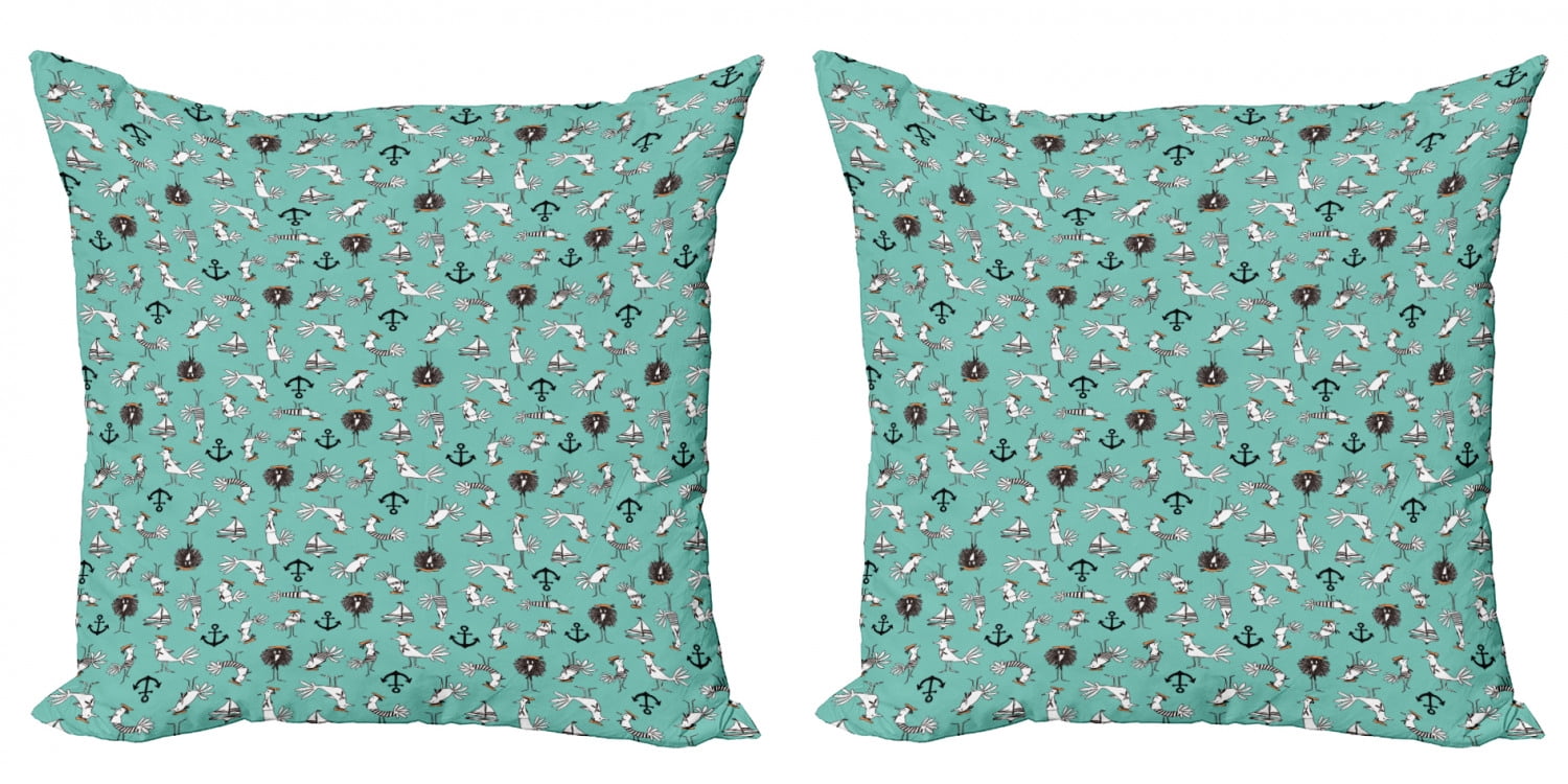 Ambesonne Marine Throw Pillow Cover 2 Pack, Sailor Birds Boats Anchors