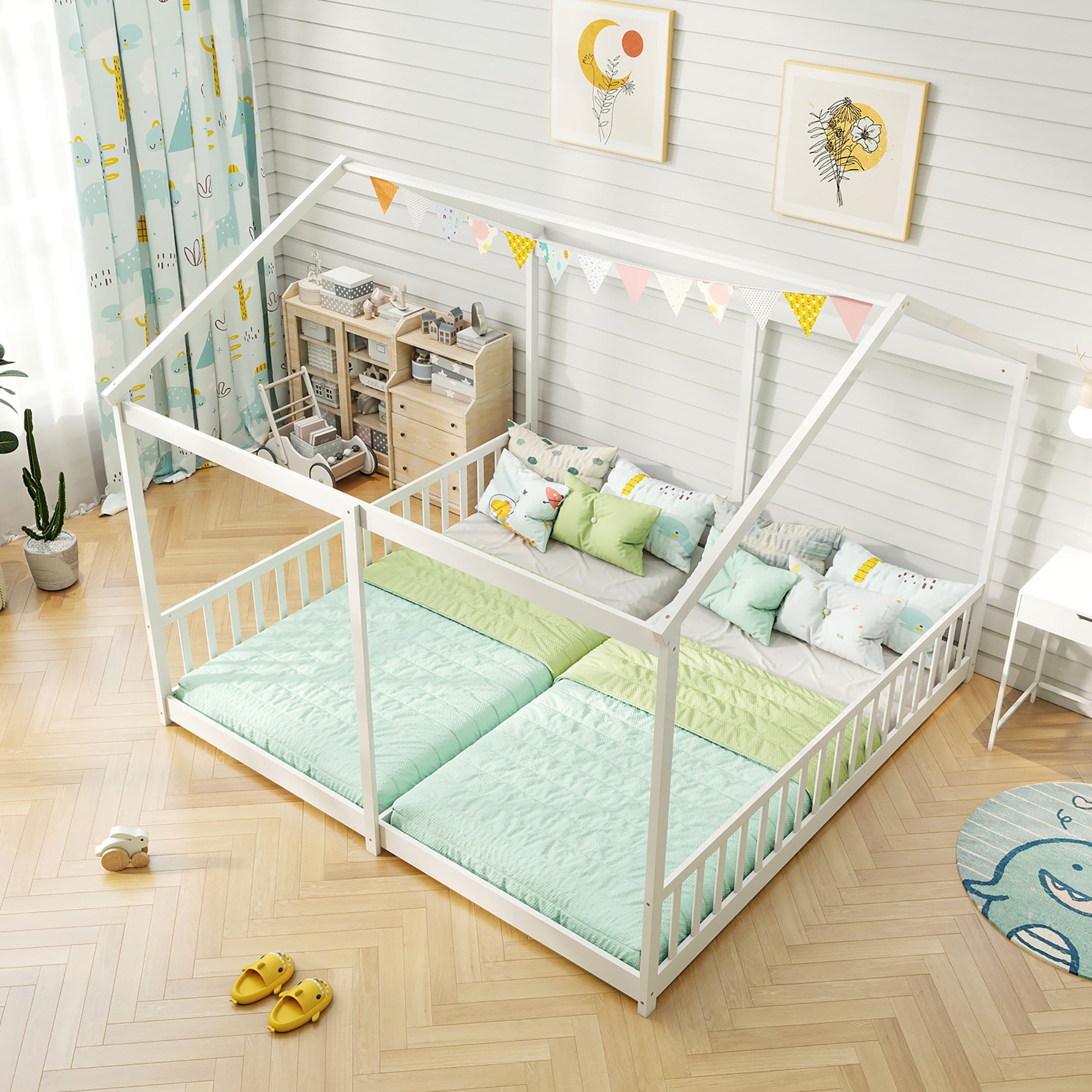 Gymax Double Floor Bed w/ Safety Guardrails No Box Spring Needed for Teens Boys Girls White