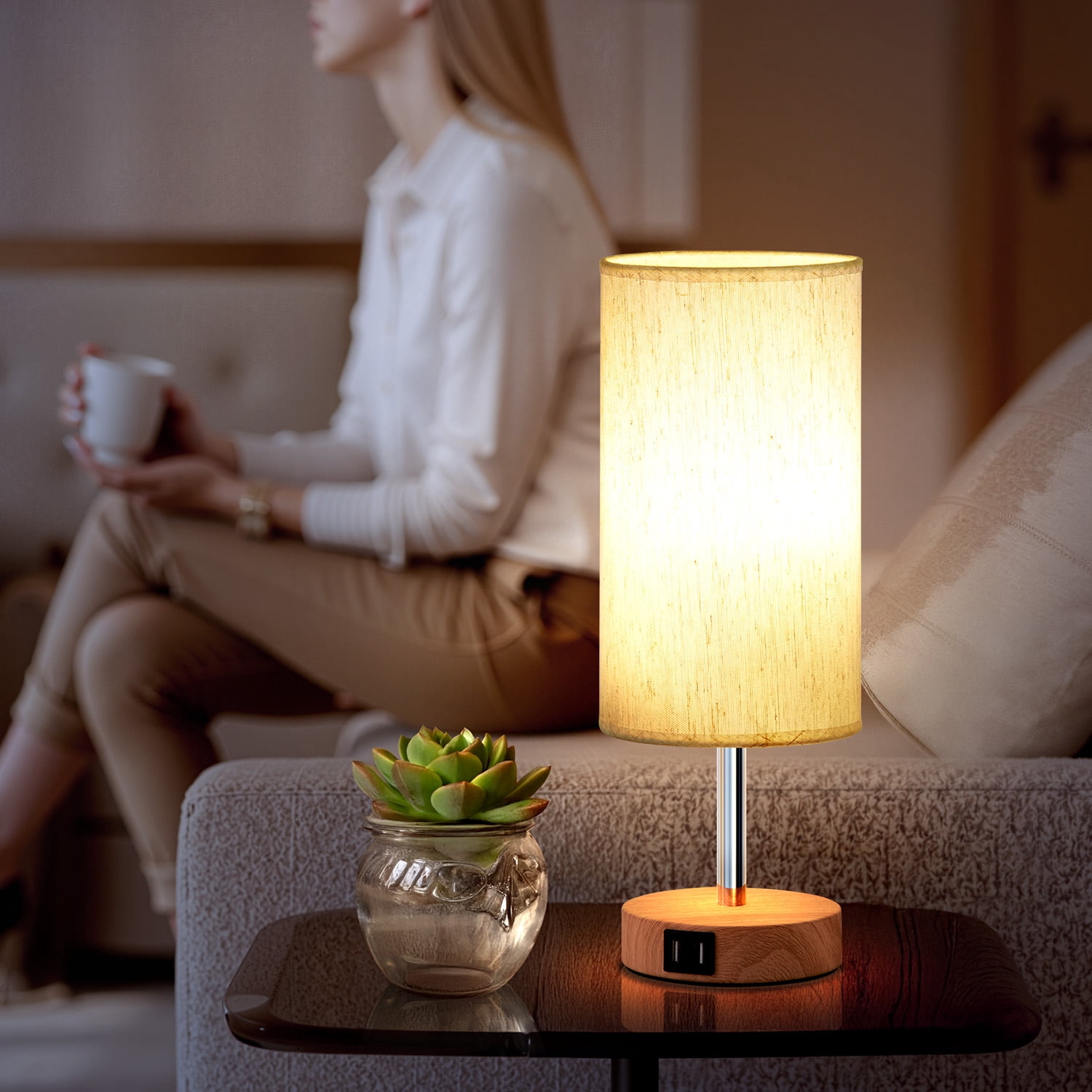 Bedside Lamps Set of 2 with USB Charging Ports - Touch Control Table Lamp for Bedroom Wood 3 Way Dimmable Nightstand Lamp with Round Flaxen Fabric Shade for Living Room,Dorm,Office