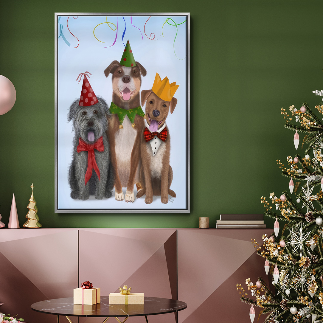 Christmas Party Mutts - Framed Gallery Wrapped Holiday Canvas - 27 x 41 - Silver Frame