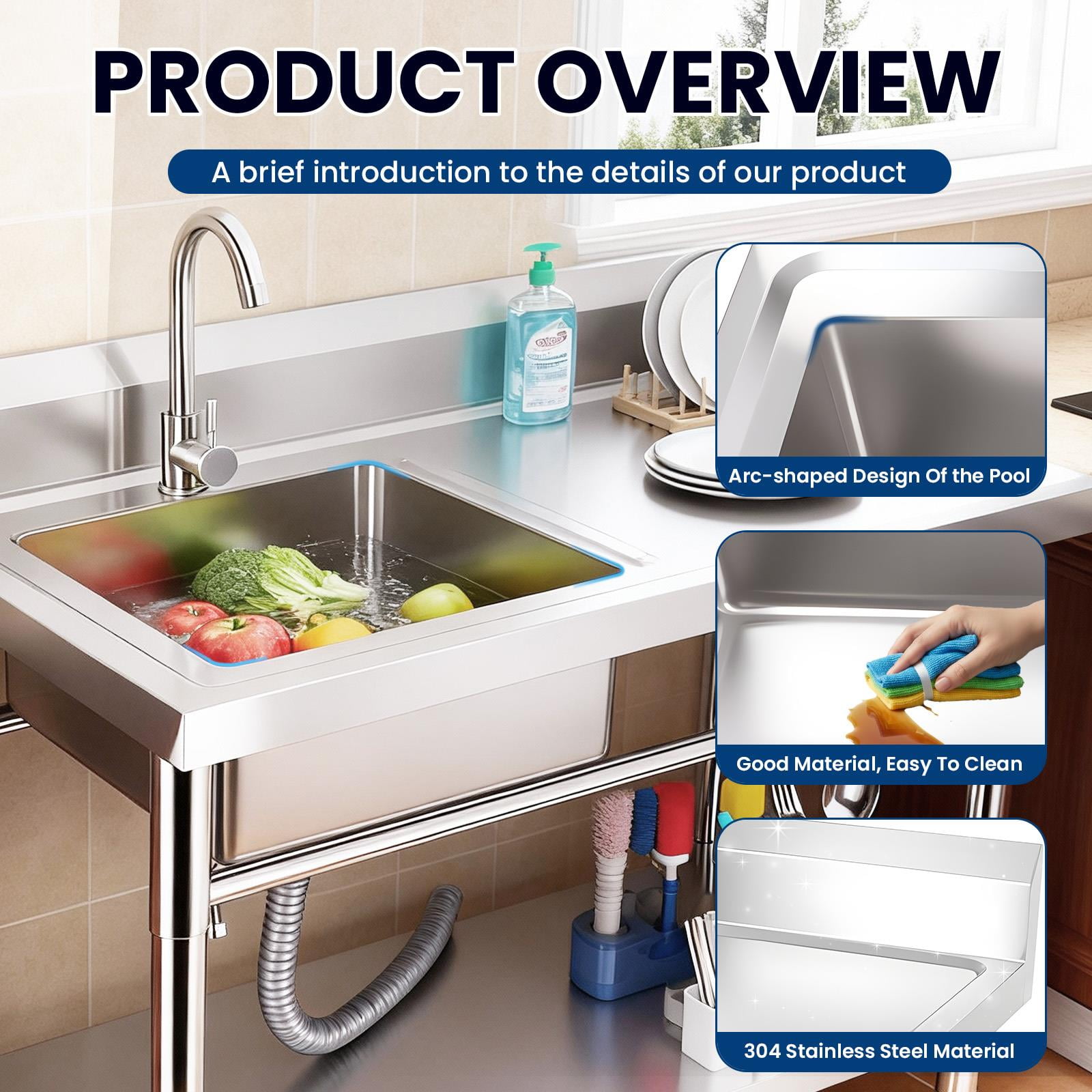 Heavy Duty Stainless Steel Utility Sink Load Up to 398LBS, Free Standing Single Bowl Commercial Kitchen Sink with Hot And Cold Water Inlet Pipes, 31.5×23.62×36.37 In, for Garage, Restaurant, Laundry