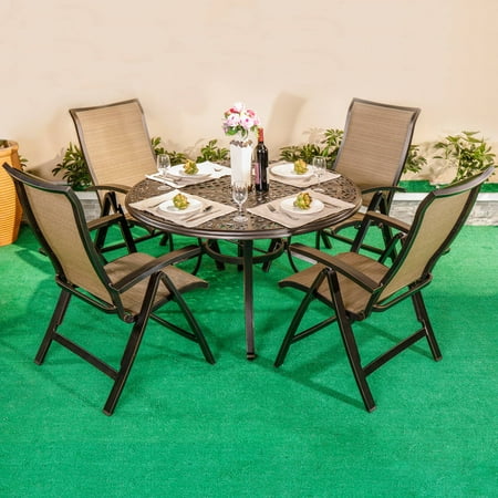 Sling Cast Aluminum Patio Furniture dali Outdoor 5 Piece Dining Set Patio Furniture, Aluminum Folding Chair Sling Chair Set with 48 inch Round Alum Casting Table ()