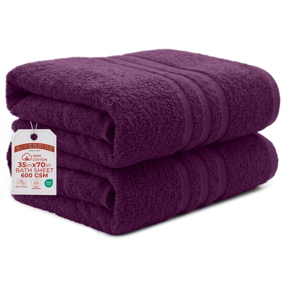 RIVERSIDE 2 Pack Luxury Bath Sheets 35×70 Soft Quick Dry Extra Large Cotton Towels 600 GSM Hotel Quality Spa - Purple