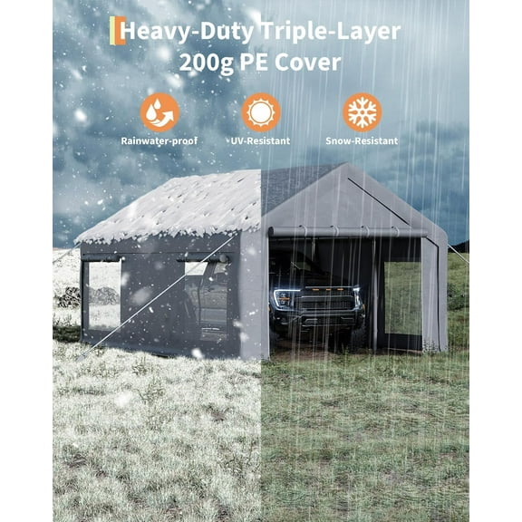 Rugerasy 10X20 Ft Heavy Duty Carport with 4 Roll-Up Windows,Portable Garage with Removable Sidewalls & Doors,Waterproof & UV Protected,Anti-Snow,All-Season Tarp for Car Boat,Grey