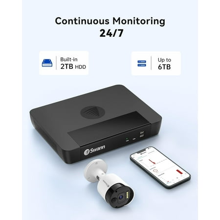Swann - Master Series 4K, 8-Channel, 6-Camera, Indoor/Outdoor PoE Wired 4K UHD 2TB HDD NVR Security Surveillance System - White