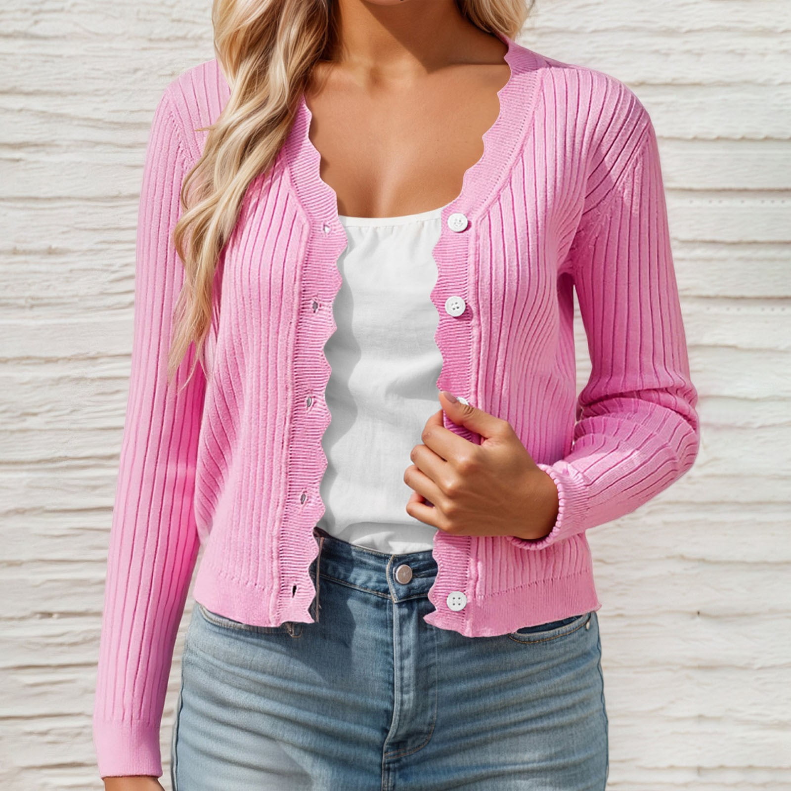 HNMKIU Women's Cardigan Short Sleeve V-Neck Scalloped Cropped Knit