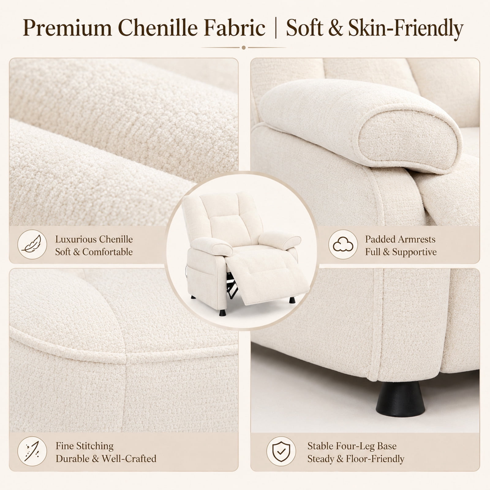 Leumius Recliner Chair, Ergonomic Tufted Cushion Single Recliner with Chenille Fabric, Side Storage Pocket, Anti-Slip Wooden Legs, 300lbs Capacity for Living Room Bedroom Gaming Lounge,Beige