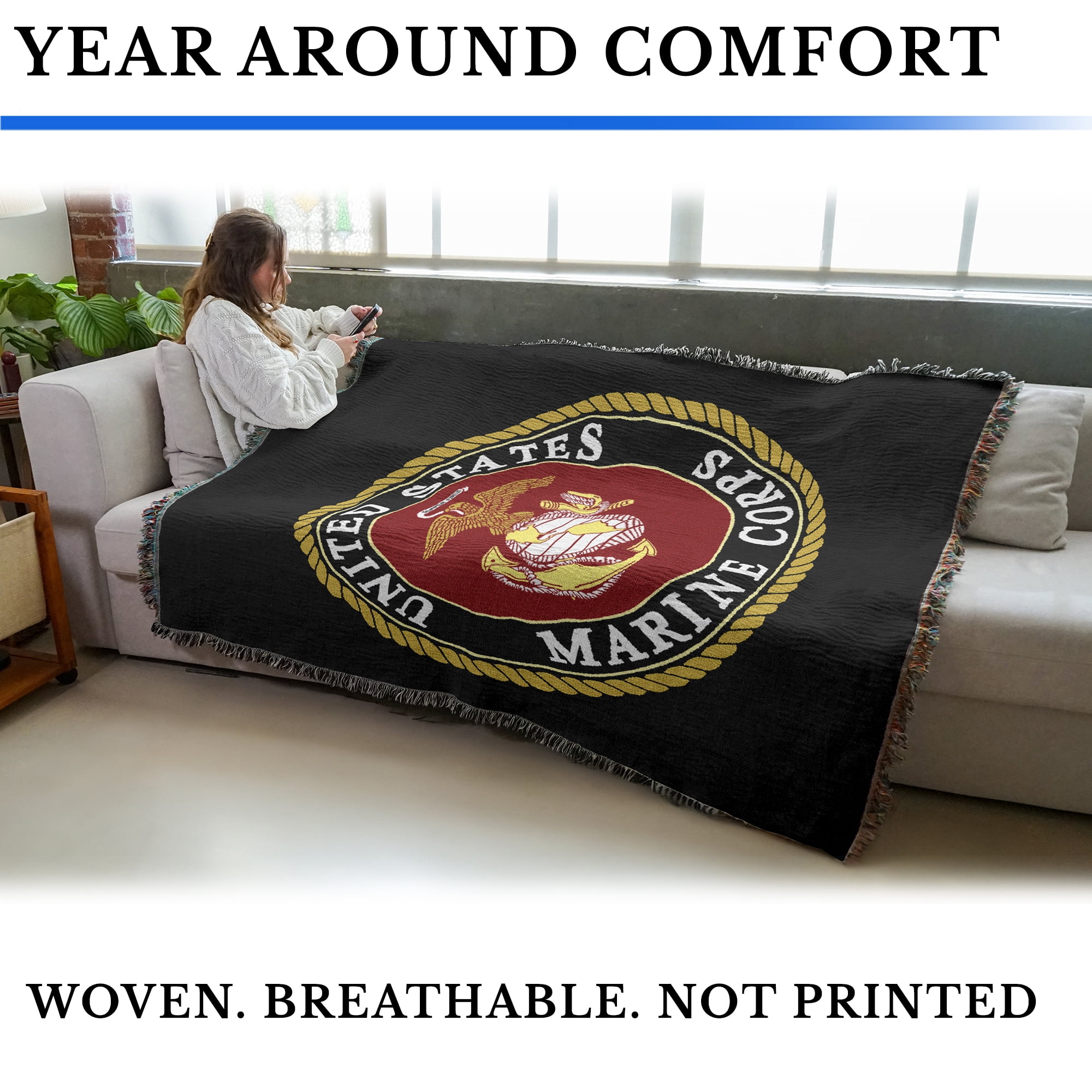 Pure Country Weavers US Marine Corps - Emblem Blanket - Military Tapestry Throw Woven from Cotton - Made in The USA (72x54)