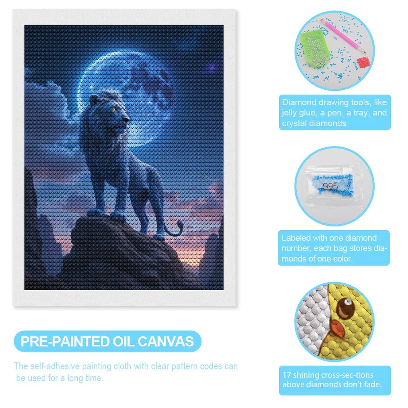 Diamond Art Kit for Adults, Moonlit Majestic Blue Lion Rock Diamond Painting for Adults Beginners, 5D DIY Diamond Art Painting Kits, Colorful Diamond Painting Craft for Home Decor 12x16
