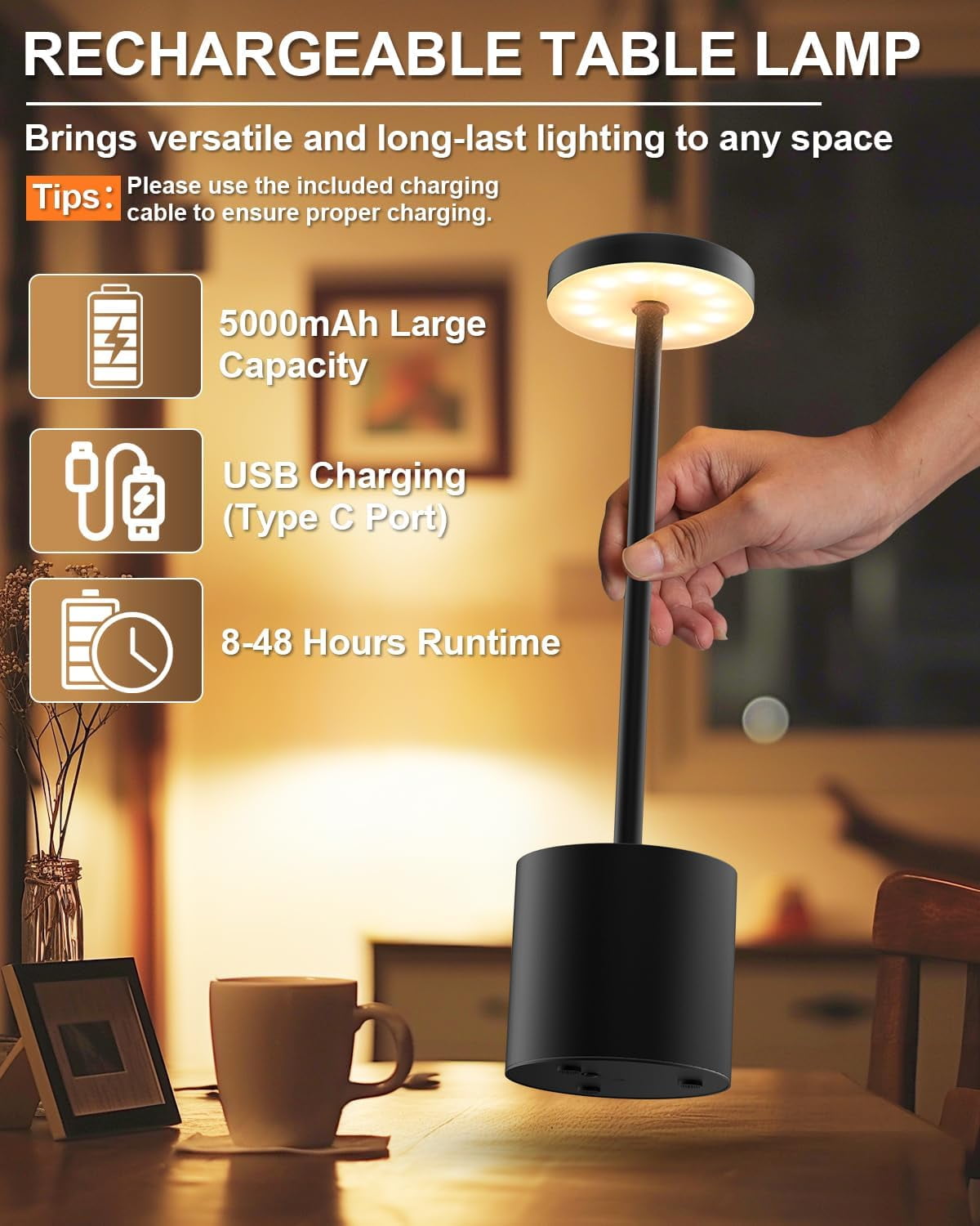 Cordless Table Lamp , Rechargeable 5000mAh Battery Powered Outdoor Table Lamps, Portable LED Desk Lamp, 3 Color Dimmable Light for Restaurant, Patio, Bedroom, Bedside Night Lamp(Black)
