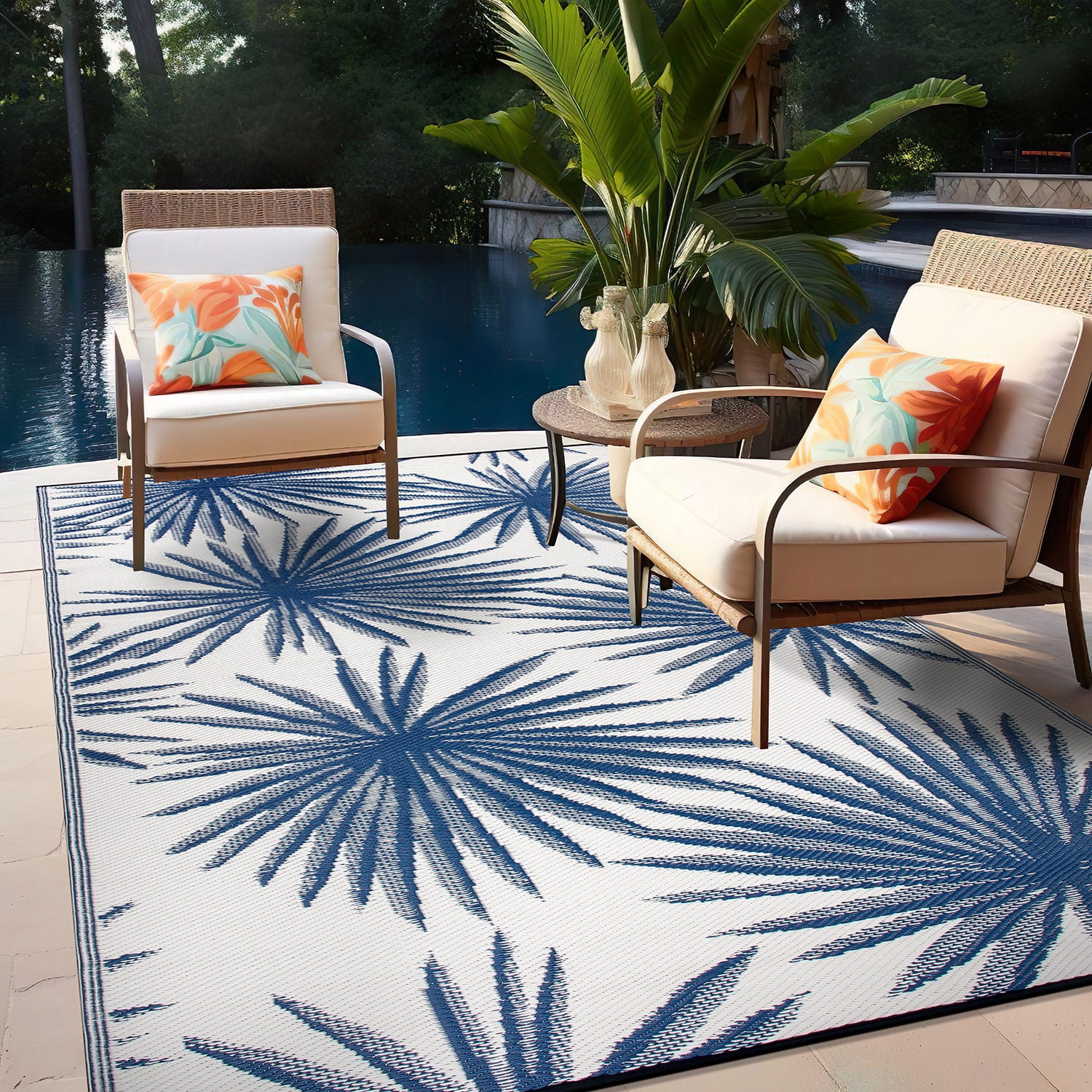 World Rug Gallery Floral Tropical Reversible Recycled Plastic Outdoor Picnic Mat, Camping Rug, RV Rug - NAVY 5'x7'