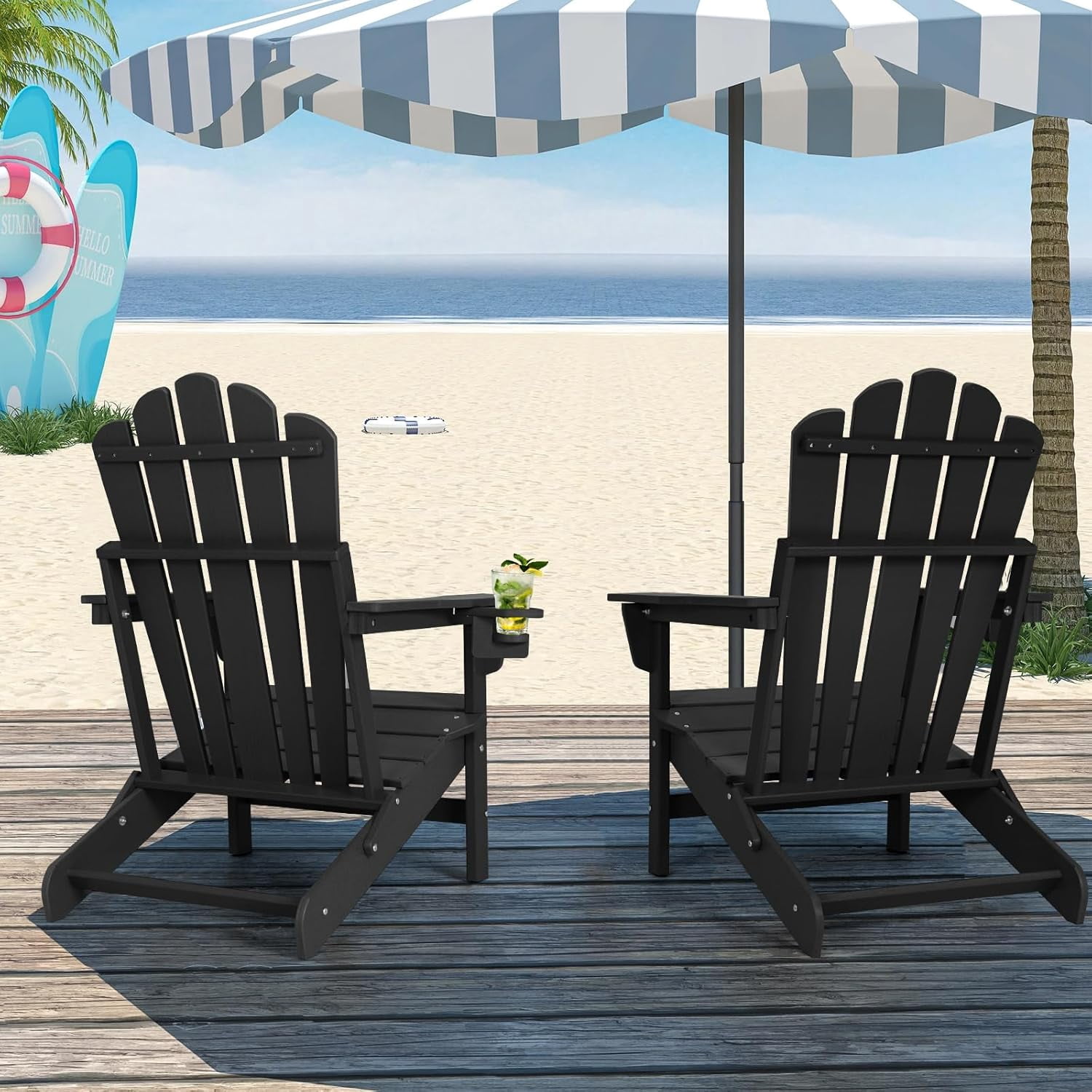 Folding Adirondack Chair, All Weather Wood Texture Fire Pit Chairs with Cupholder for Outside