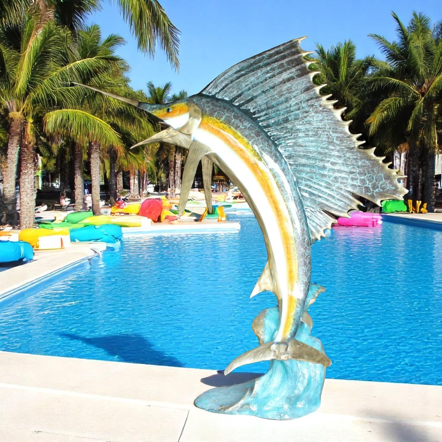 Nifao Sailfish with Four Mahi Mahi Outdoor Fountain Statue, Bronze Garden Water Feature Sculpture for Patio & Yard – Garden Outdoor Decor Sculpture, 90"L x 34"W x 90"H