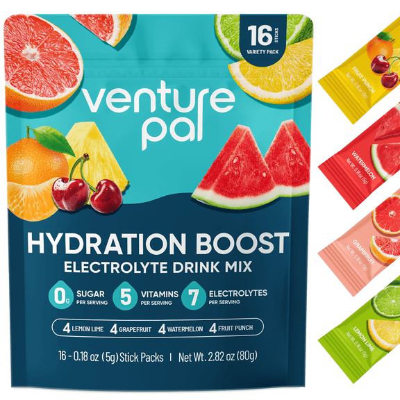 Venture Pal Sugar Free Electrolyte Powder Packets - Hydration with 5 Vitamins & 7 Electrolytes | Keto Friendly | Non-GMO | Certified Vegan | 16 Sticks