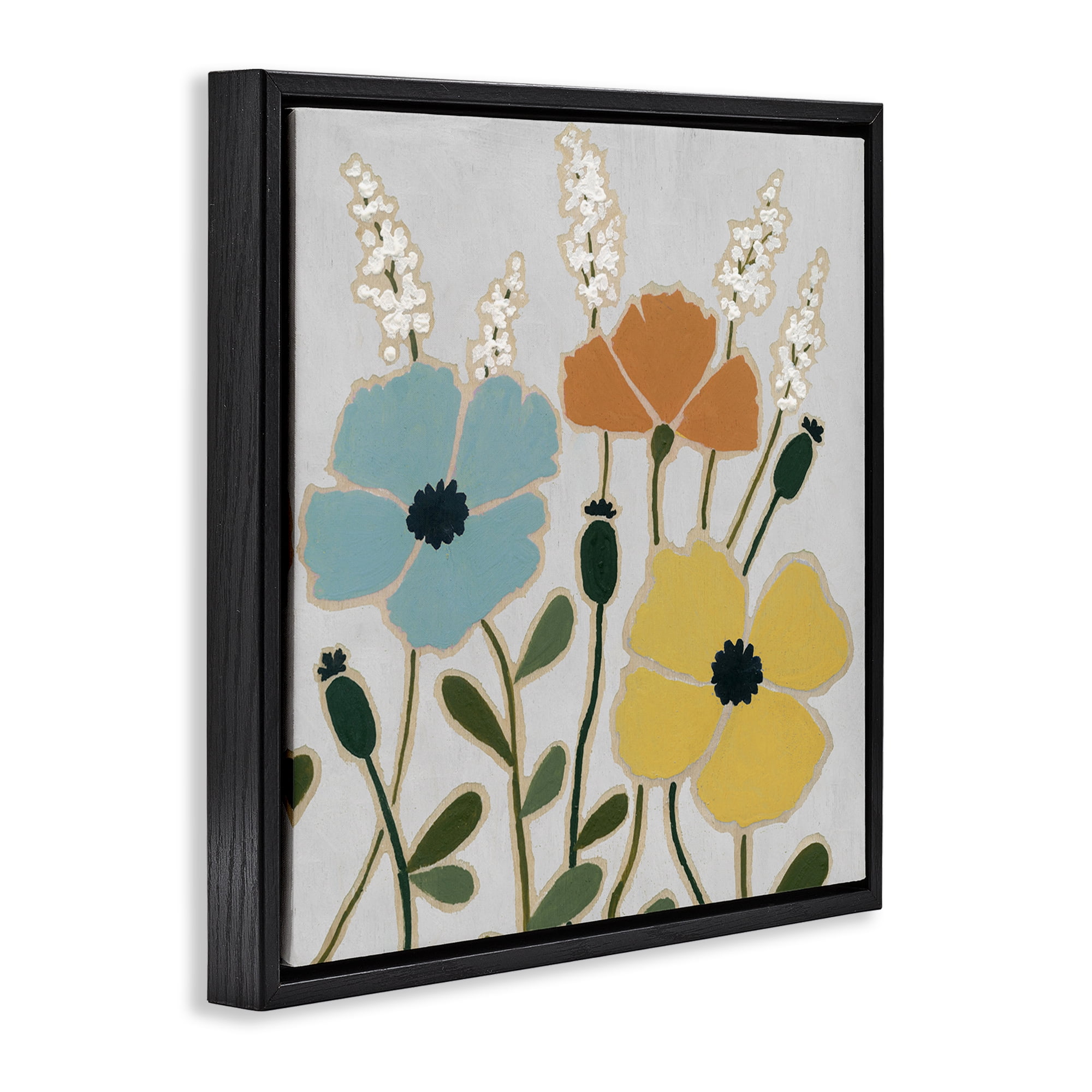 Stupell Industries Modern Primaries Blooms Plants & Flowers Painting Black Floater Framed Canvas Art Print Wall Art, 25 x 25