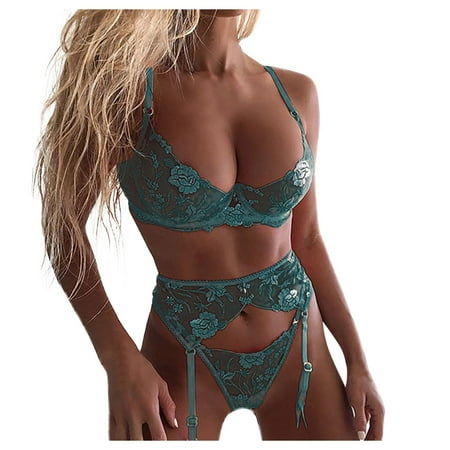 

Tangnade Ladies casual underwear bra New Fashion Lace Lingerie Underwear Sleepwear Steel Ring Pajamas Garter Green M