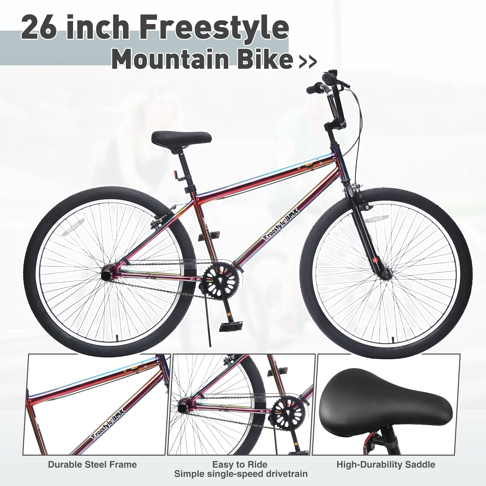 26-Inch Freestyle Bike,Single-Speed Steel Frame Bicycle with Front & Rear Brakes