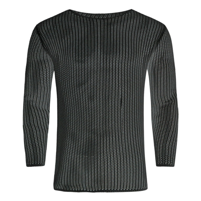 Mens Street Trend Woven Solid Color Mesh Knitted Long Sleeve Top Men T  Shirts Black XXXL