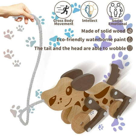 Montessori Toys Boys Girls, Wooden Walking Running Pull Dog Toy for Toddler, Walk Along Puppy Pull