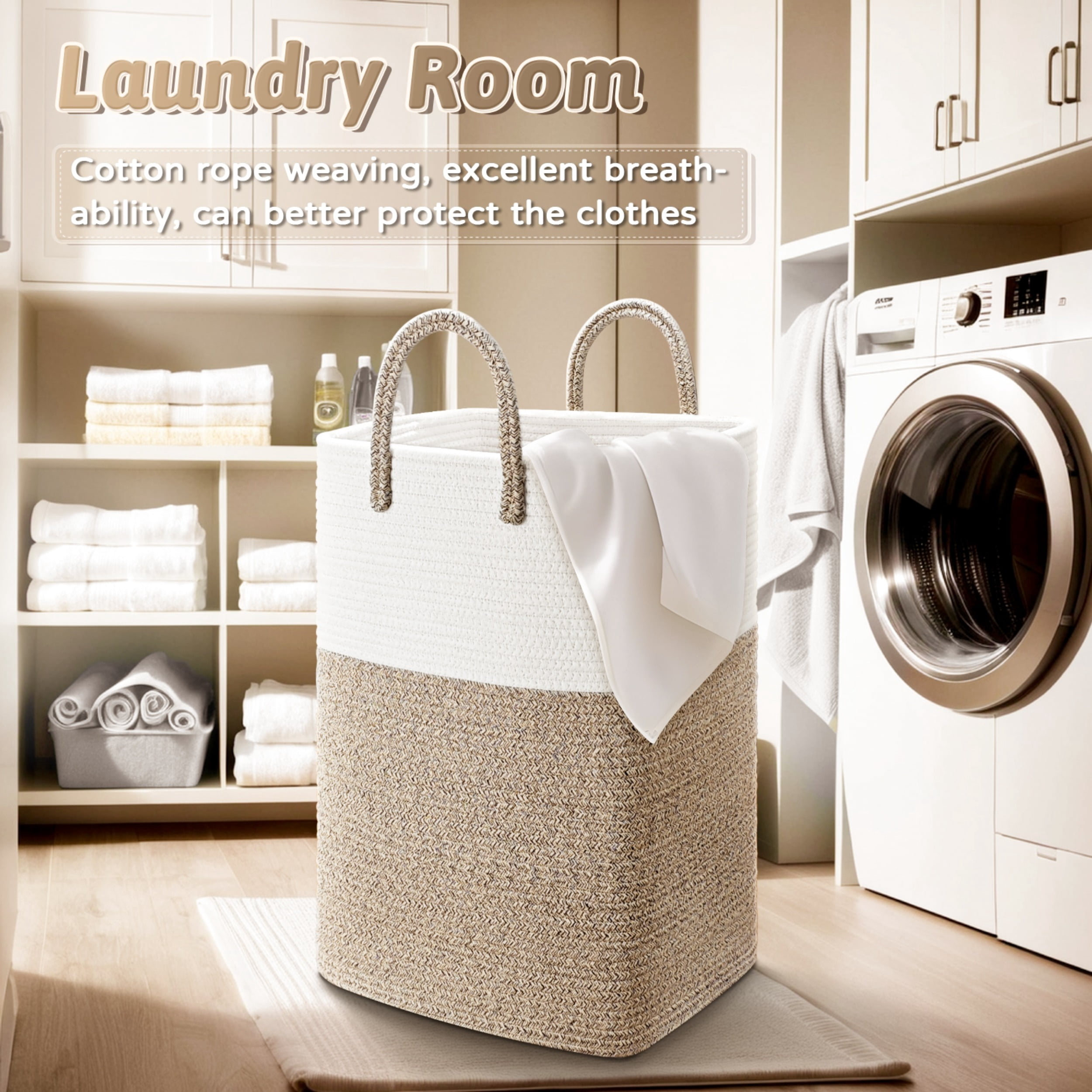 Laundry Basket, Woven Cotton Rope Laundry Hamper, Versatile Storage for Dirty Clothes, Baby Toys, and Blankets in Bathroom, Nursery, and Living Room