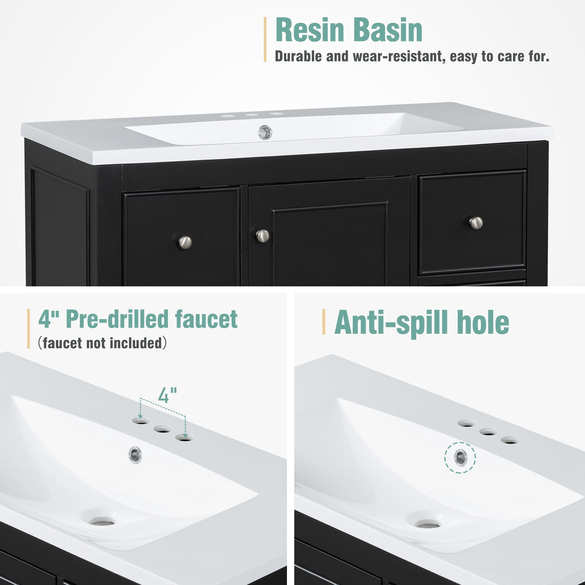 Euroco Contemporary Black Bathroom Vanity Cabinet - 36x18x34 inches, 4 Drawers & 1 Cabinet Door, Multipurpose Storage, Resin Integrated Sink, Adjustable Shelves