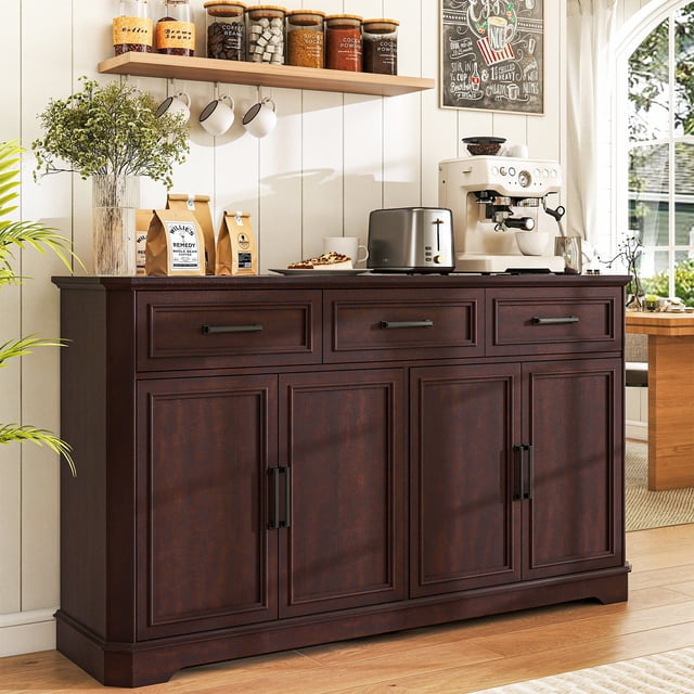 FIAKOA 64" Farmhouse Buffet Cabinet with Charging Station, Modern Sideboard Cabinet with Wood Doors & 2 Drawers, Kitchen Coffee Bar Credenza for Dining Room, Walnut Brown