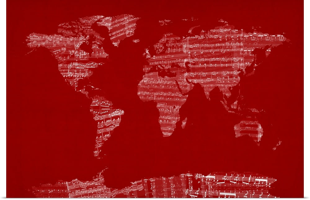 Great BIG Canvas | "Sheet Music World Map, Red" Art Print - 48x32