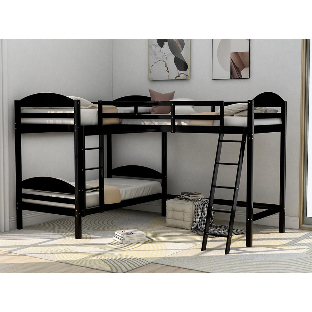 Twin Bunk Beds L-Shaped Bunk Bed and Loft Bed with Ladder and Guard for Teens Bedroom, Espresso